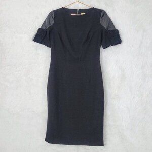 Aysha Black Short Sleeve Faux Leather Fur Knee Length Sheath Dress 6